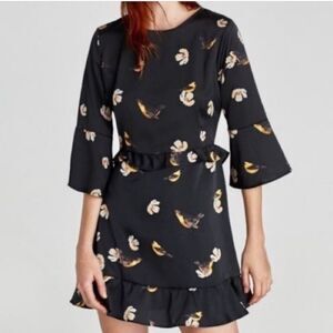 NWT Zara Floral Bird Black Dress Bell Sleeves Size M